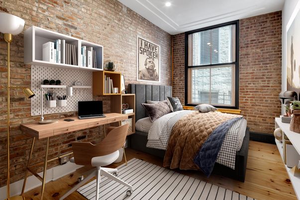 Home Office, Interior, Recessed Lighting, Stone Walls, Wood Texture Flooring