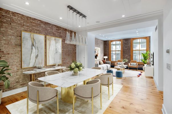 Dining room, Interior, Living room, Pendant Lights, Recessed Lighting, Stone Walls, Wood Texture Flooring