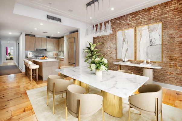 Interior, Kitchen, Pendant Lights, Recessed Lighting, Stainless Steel Appliances, Stone Walls, Wood Texture Flooring