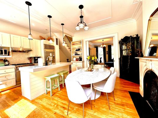 Dining room, Fireplace, Interior, Kitchen, Pendant Lights, Recessed Lighting, Stainless Steel Appliances, Wood Texture Flooring