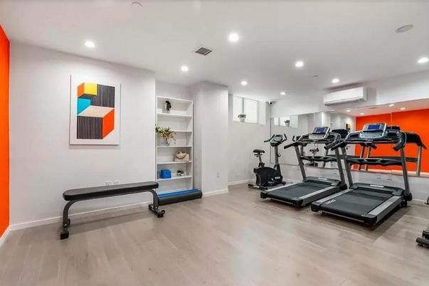 Fitness Equipment, Gym, Interior, Recessed Lighting, Wood Texture Flooring
