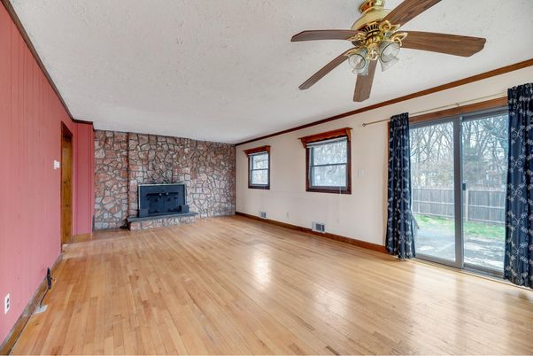 Empty room, Fireplace, Interior, Stone Walls, Wood Texture Flooring