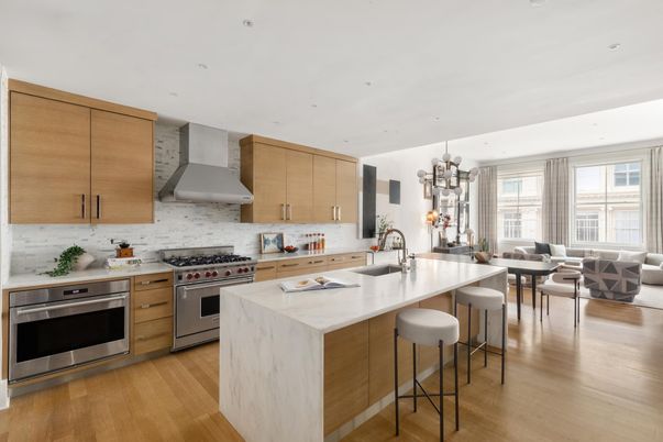 Dining room, Interior, Kitchen, Recessed Lighting, Stainless Steel Appliances, Wood Texture Flooring