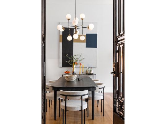 Dining room, Interior, Pendant Lights, Wood Texture Flooring