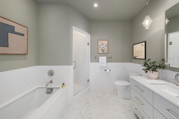 Bathroom, Dual Sink Vanities, Interior, Marble, Pendant Lights, Recessed Lighting
