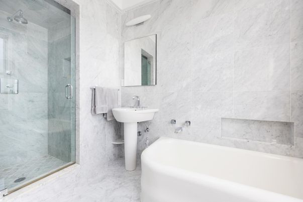 Bathroom, Free Standing Baths, Glass Shower, Interior, Marble, Marble Walls