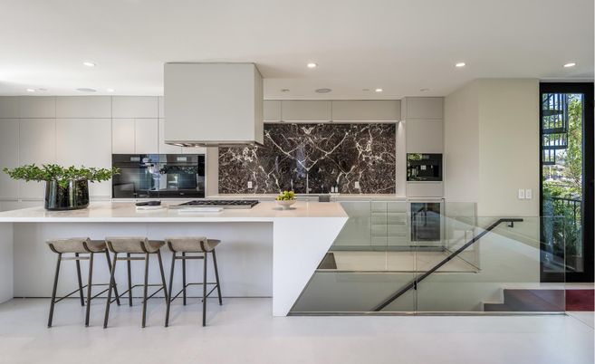 Interior, Kitchen, Marble Walls, Recessed Lighting, Stainless Steel Appliances