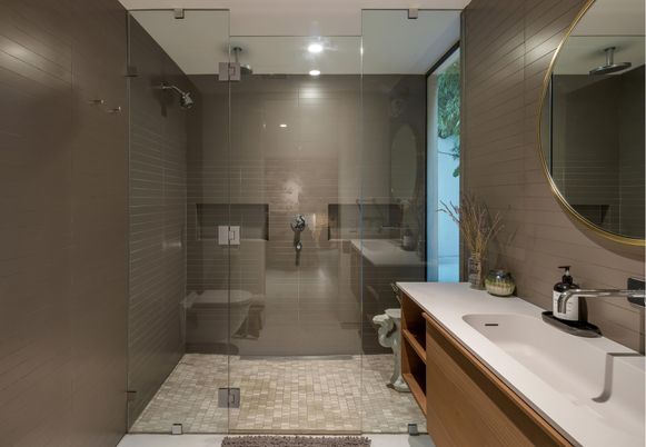 Bathroom, Dual Sink Vanities, Glass Shower, Interior, Recessed Lighting