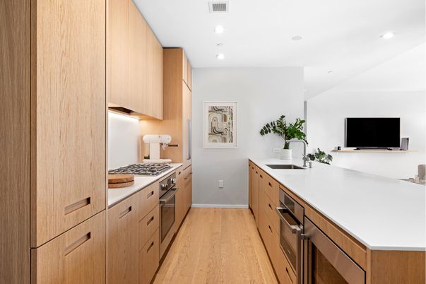 Interior, Kitchen, Recessed Lighting, Stainless Steel Appliances, Wood Texture Flooring