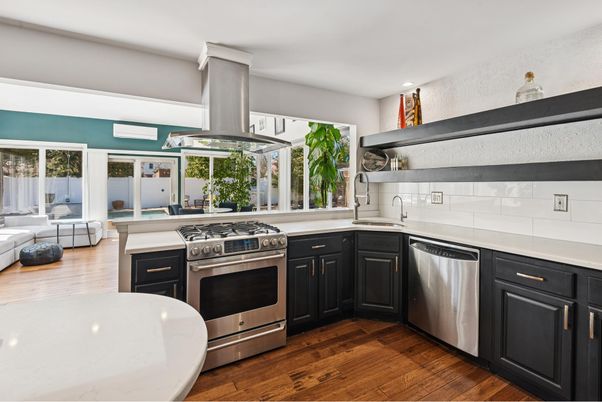 Interior, Kitchen, Living room, Recessed Lighting, Stainless Steel Appliances, Wood Texture Flooring