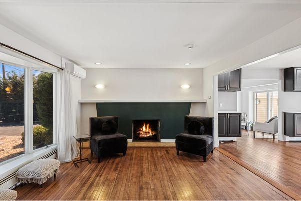 Fireplace, Interior, Recessed Lighting, Wood Texture Flooring