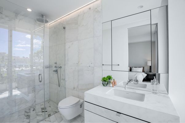 Bathroom, Glass Shower, Interior, Marble, Marble Walls, Recessed Lighting