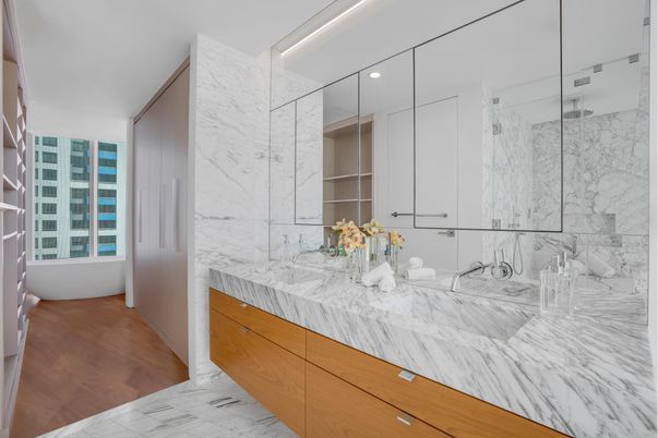 Bathroom, Bedroom, Interior, Marble, Marble Walls, Recessed Lighting, Wood Texture Flooring