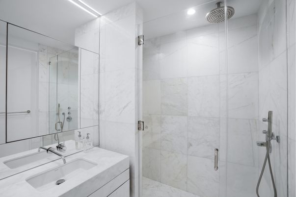 Bathroom, Glass Shower, Interior, Marble, Marble Walls, Recessed Lighting