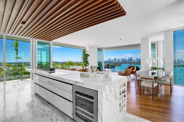 Dining room, Interior, Kitchen, Marble, Pendant Lights, Water, Wood Texture Flooring
