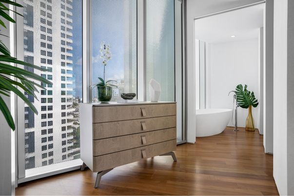 Bathroom, Free Standing Baths, Interior, Recessed Lighting, Wood Texture Flooring