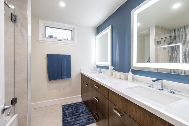 Bathroom, Dual Sink Vanities, Glass Shower, Interior, Recessed Lighting
