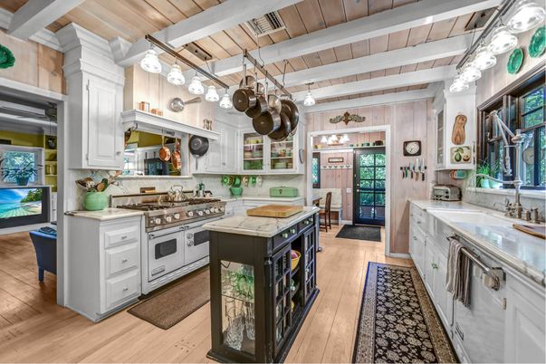 Interior, Kitchen, Pendant Lights, Stainless Steel Appliances, Wooden Beams, Wooden Ceilings, Wood Texture Flooring