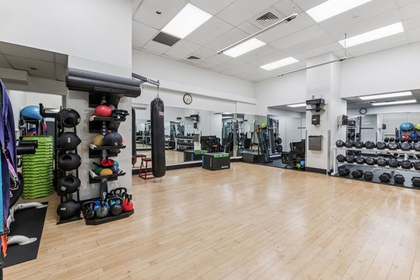 Fitness Equipment, Gym, Interior, Recessed Lighting, Wood Texture Flooring