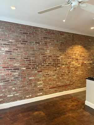 Empty room, Interior, Recessed Lighting, Stone Walls, Wood Texture Flooring