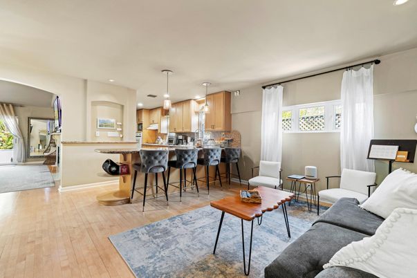 Interior, Kitchen, Living room, Pendant Lights, Recessed Lighting, Wood Texture Flooring