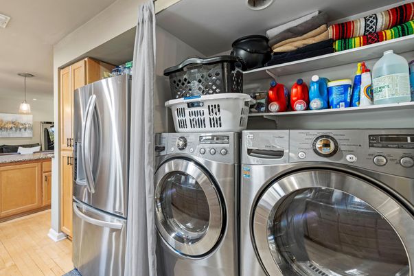 Interior, Kitchen, Pendant Lights, Stainless Steel Appliances, Utility Closets, Washer, Wood Texture Flooring