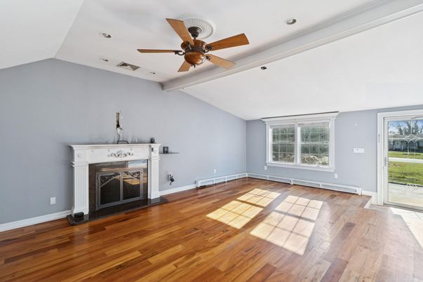 Empty room, Fireplace, Interior, Recessed Lighting, Wood Texture Flooring
