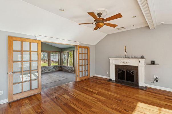 Empty room, Fireplace, Interior, Recessed Lighting, Wood Texture Flooring