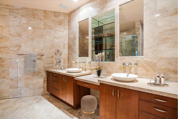 Bathroom, Dual Sink Vanities, Interior, Recessed Lighting, Stone Walls