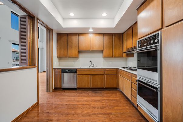 Interior, Kitchen, Recessed Lighting, Stainless Steel Appliances, Wood Texture Flooring