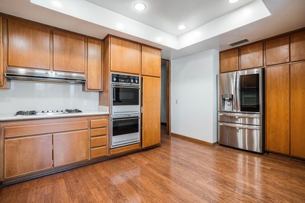 Interior, Kitchen, Recessed Lighting, Stainless Steel Appliances, Wood Texture Flooring