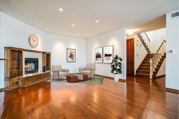 Fireplace, Interior, Living room, Recessed Lighting, Wood Texture Flooring