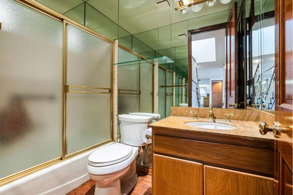 Bathroom, Glass Shower, Interior, Wood Texture Flooring