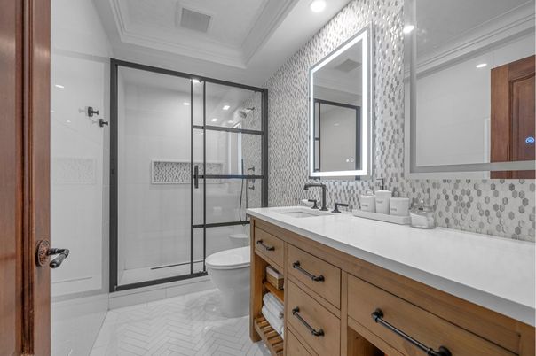 Bathroom, Dual Sink Vanities, Glass Shower, Interior, Recessed Lighting