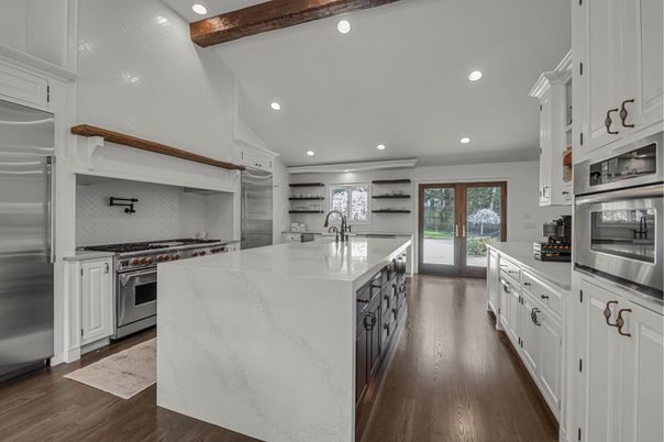 Interior, Kitchen, Recessed Lighting, Stainless Steel Appliances, Wooden Beams, Wood Texture Flooring