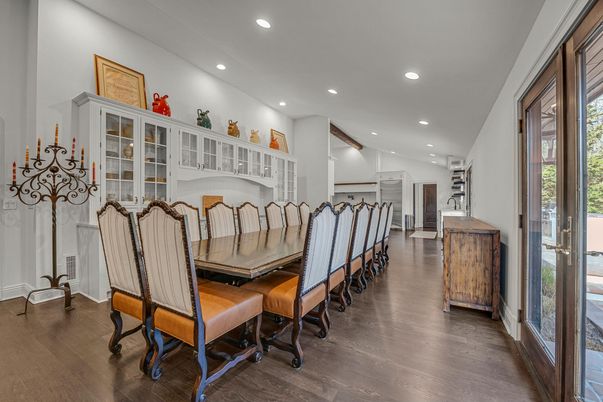 Dining room, Interior, Recessed Lighting, Wood Texture Flooring