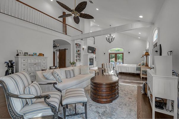 Chandelier, Fireplace, Interior, Living room, Recessed Lighting, Wood Texture Flooring