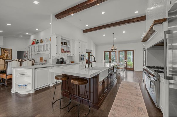 Interior, Kitchen, Pendant Lights, Recessed Lighting, Stainless Steel Appliances, Wooden Beams, Wood Texture Flooring