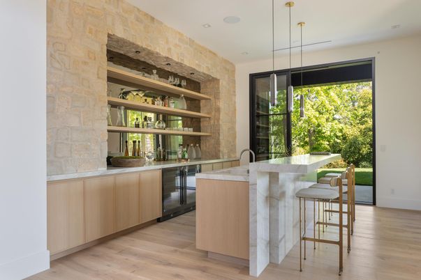 Interior, Pendant Lights, Recessed Lighting, Stone Walls, Wood Texture Flooring