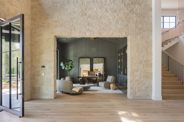 Interior, Pendant Lights, Stone Walls, Wood Texture Flooring