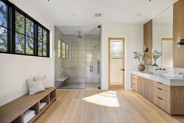 Bathroom, Glass Shower, Interior, Wood Texture Flooring