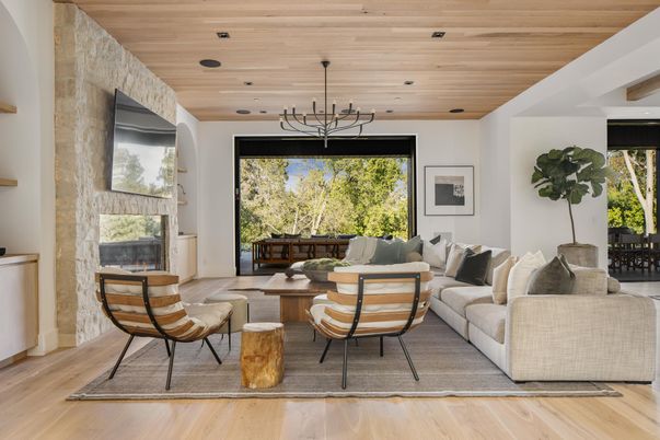 Fireplace, Interior, Living room, Pendant Lights, Recessed Lighting, Stone Walls, Wooden Ceilings, Wood Texture Flooring
