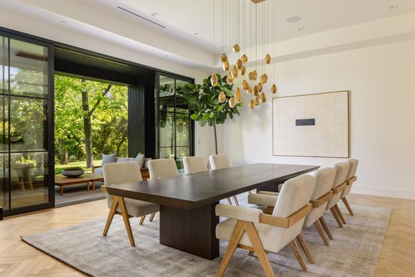 Dining room, Interior, Pendant Lights, Recessed Lighting, Wood Texture Flooring