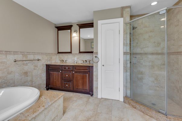 Bathroom, Dual Sink Vanities, Glass Shower, Interior, Recessed Lighting