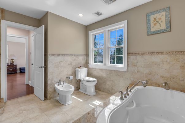 Bathroom, Dual Sink Vanities, Interior, Recessed Lighting, Wood Texture Flooring