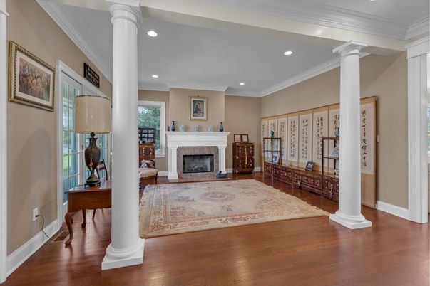 Fireplace, Interior, Recessed Lighting, Wood Texture Flooring