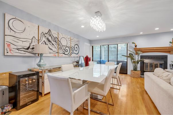 Chandelier, Dining room, Fireplace, Interior, Recessed Lighting, Wood Texture Flooring