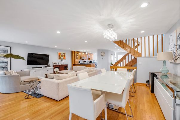 Chandelier, Dining room, Interior, Kitchen, Living room, Recessed Lighting, Wood Texture Flooring