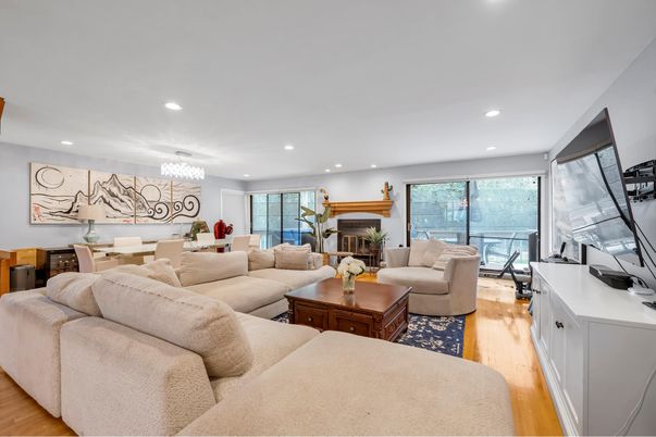 Chandelier, Dining room, Fireplace, Interior, Living room, Recessed Lighting, Wood Texture Flooring