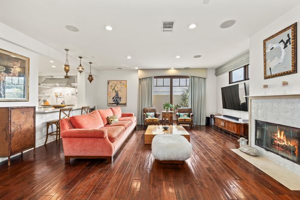 Fireplace, Interior, Kitchen, Living room, Pendant Lights, Recessed Lighting, Wood Texture Flooring